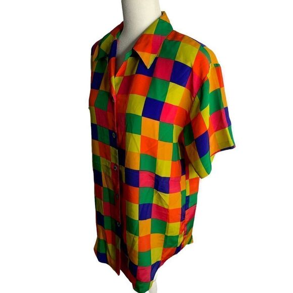 Vintage Silky Button Down Short Sleeve Shirt M Multicolored Check Shoulder Pads - Picture 3 of 6